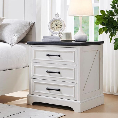 ACCOHOHO Farmhouse Nightstands Set of 2, 22 Inch Wide End Table with Charging Station & 3 Large Drawers, Rustic Wood Small Dresser Chest of Drawers for Bedroom, Living Room, Off White