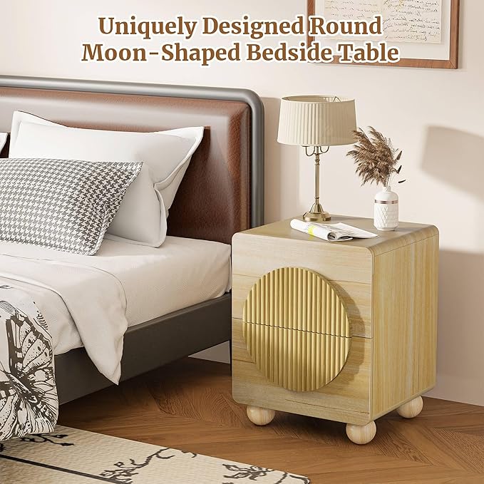 23" Nightstand with Solid Wood Legs, Modern Style Bedside Table with Round Moon Handle & Storage, Mid Century Cute Night Stand for Bedroom, Side Table, End Table, Natural Oak