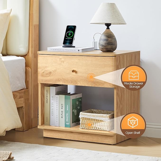Narrow Nightstand Set of 2, Wooden Small 2 Drawer Nightstand, Slim Side End Table, Skinny Bedside Table, Mid Century Modern Night Stand with Drawers, for Living Room (Natural-Charging Station-1 pc)