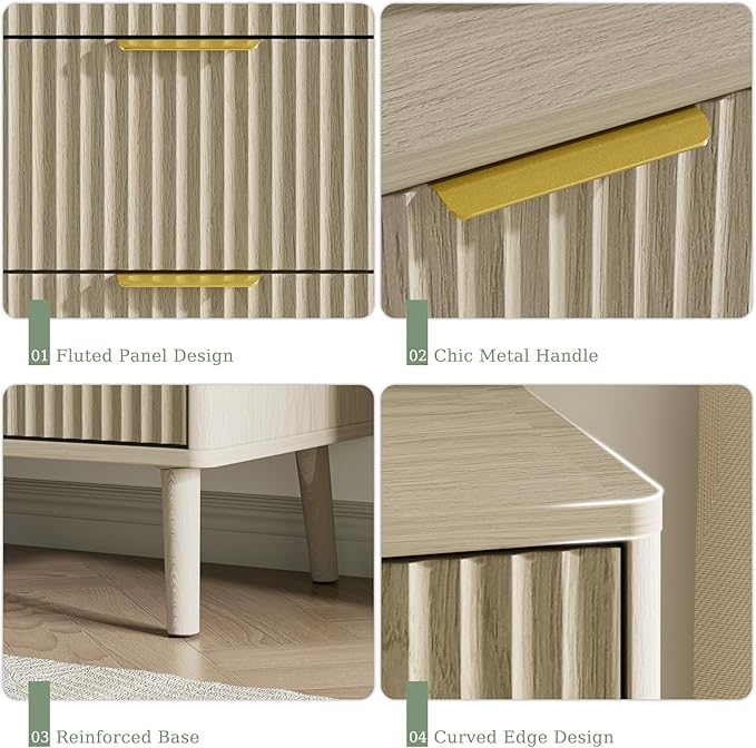LYNSOM Fluted Dresser and Nightstand Sets 3 Piece, 6-Drawers Dresser and 1-Drawer Nightstands Set of 2, Wood Bedroom Furniture Set for Home, Bedroom, Hallway, Beige