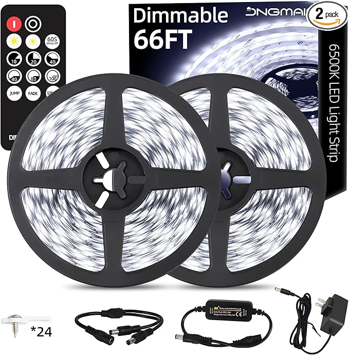 JNGMAIR 66ft LED Strip Lights with Remote, 6500K Daylight White Dimmable Tape Lights, 12V 1200 LEDs 2835 Strong Adhesive Rope Lights for Cabinet Kitchen Ceiling Closet Vanity Mirror Stairway Basement