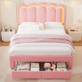 Velvet Upholstered Full LED Bed Frame with 2 Storage Drawers and Adjustable Chic Double Wavy Headboard, Princess Platform Bed with Charing Station, Solid Wood Slats Support,No Box Spring Needed,Pink