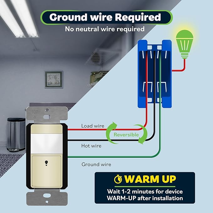 TOPGREENER PIR Motion Sensor Switch, Ambient Light Level Detector, No Neutral Required, 150W LED/CFL, 1/6 HP, Occupancy Vacancy Modes, Ground Wire Required, Single Pole, TDOS5-JM, Ivory