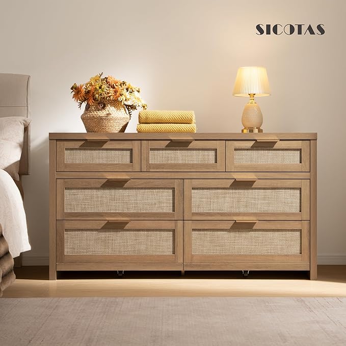 SICOTAS 7 Drawer Dressers for Bedroom Set 2, Long Rattan Dresser, Dresser TV Stand, Closet Organizer Chest of Drawers, Clothes Storage Dressers (Reclaimed Caramel Oak, 7 Drawers (2 pcs))