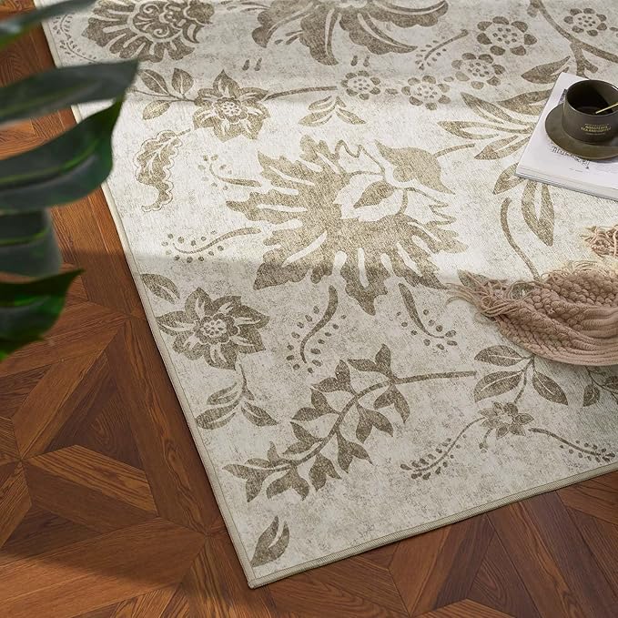 jinchan Torino Runner Rugs 2x6, Vintage-Inspired Floral Neutral Design Machine Washable Non-Slip Ultra-Thin Low-Pile Rubber Backing Runner Rug for Kitchen Hallway Laundry Room Entryway Taupe