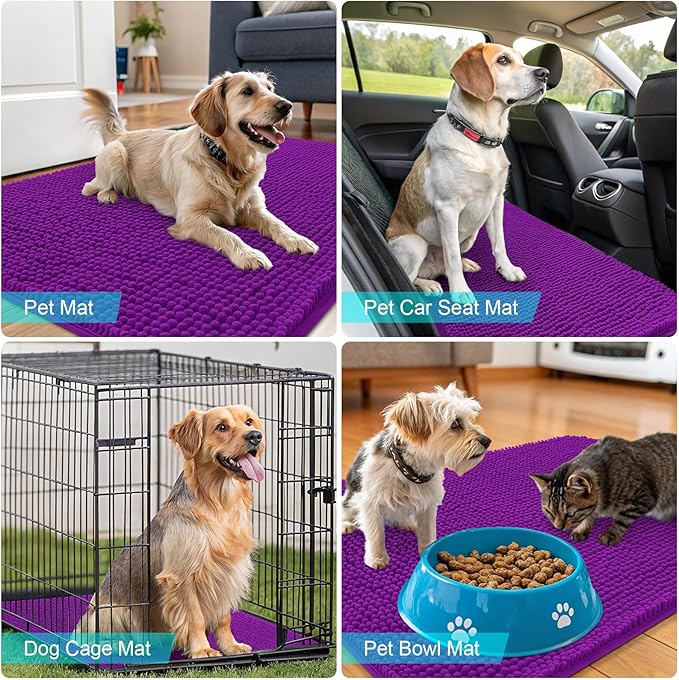 OLANLY Dog Door Mat for Muddy Paws 59x24, Absorbs Moisture and Dirt, Absorbent Non-Slip Washable Doormat, Quick Dry Chenille Mud Mat for Dogs, Entry Indoor Entryway Carpet for Inside Floor, Purple