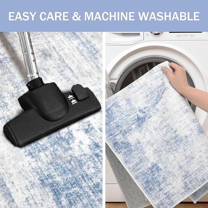 IOHOUZE Abstract Runner Rug 3x16 Ft Washable Runners for Hallways, Non Slip Kitchen Runner Printed Faux Wool Entryway Runner Indoor, Modern Abstract Floor Carpet for Hall Stair, Light Blue White