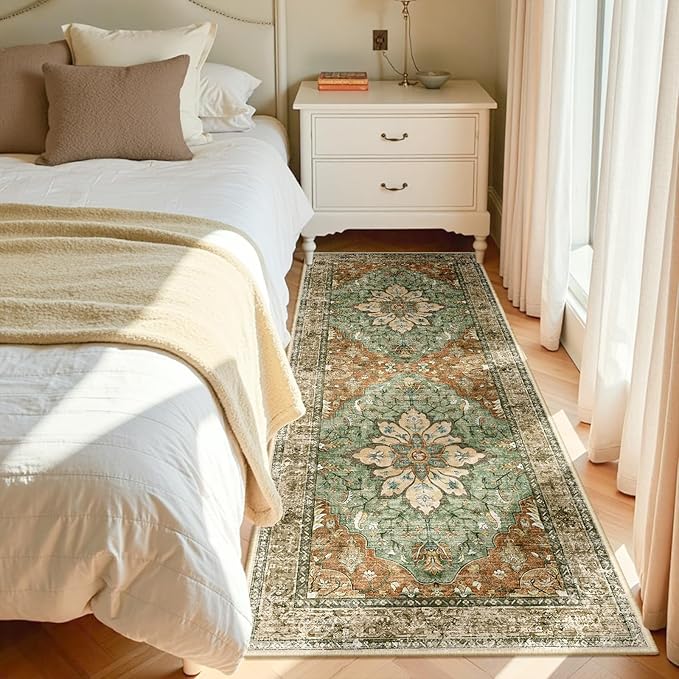 Area Rugs 3'x6' Washable Non-Slip, Floral Vintage Distress Print Pattern Medallion Carpet for Living Room Bedroom Dining Room, Brick Red Rust Neutral Brown Burnt Orange Green