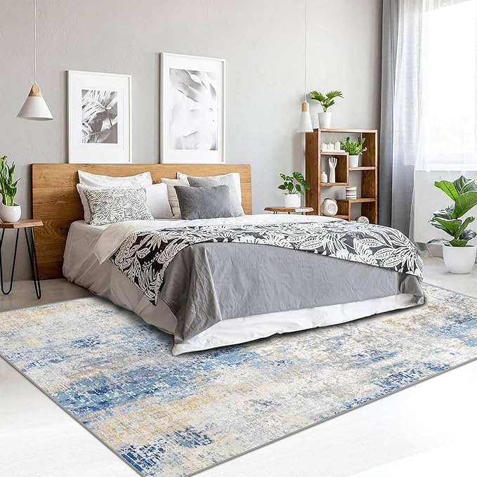 6x9 Area Rug, Ultra-Soft Washable Rug for Living Room, Dinner Room, Bedroom, Non-Slip Modern Abstract Rug, Indoor Carpet Large Area Rug, Blue Ivory Yellow
