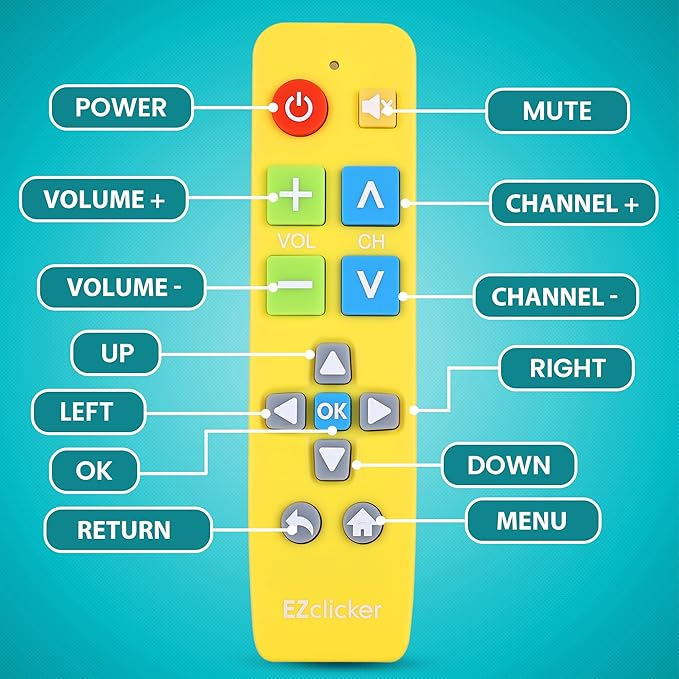 EZclicker Plus Big Button Universal TV Remote (Yellow) Simple Easy to Use, Works with Major TV Brands (2xAAA Batteries Not Included)