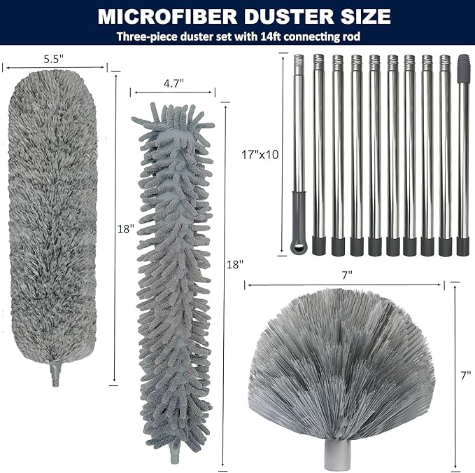 20+ Feet High Reach Duster Kit with 3-14 ft Extension Pole for Cleaning Fan, Spider Web, High Ceiling, Blinds, Furniture, Cars - Cobweb Microfiber Duster // Outdoor & Indoor Extendable Duster