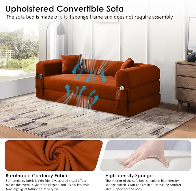 80" Convertible Sofa Bed, Corduroy Deep Seat Folding Pull Out Couch with Pillows, No Assembly Modern Boneless Couch Compression Sofa in Box, Floor Sofa with Storage Pocket for Living Room, Orange