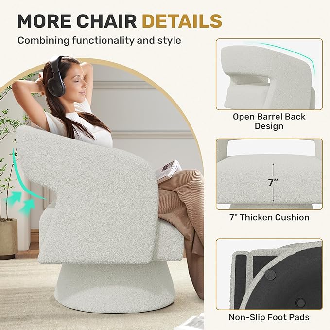 Swivel Accent Chair Set of 2, Modern Comfy Teddy Barrel Chairs, Oversized Upholstered Round Arm Chair for Living Room, Bedroom, Reading Room, White
