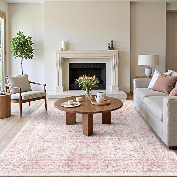 vivorug 5x7 Area Rugs - Ultra-Thin Washable Rug with Non-Slip Backing, Ideal for Living Room, Bedroom, Dining Room Indoor - Vintage, Easy Clean, Durable, Low Pile Rug Pink