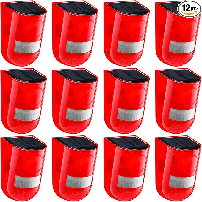 Qualirey 12 Pack Solar Sound and Light Alarm Motion Sensor 129db Outdoor Security Siren Waterproof Motion Activated Detector Alarm 6 LEDs Flash Warning Strobe System for Home, Farm (Red)