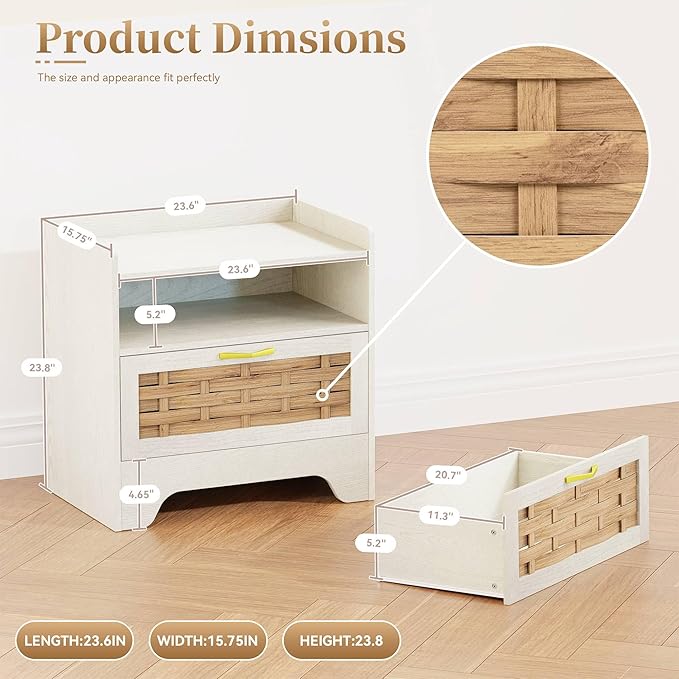 24" Rattan Nightstand Set of 2, White Bedside Table with Semi Open Cubby, Boho Night Stand with Farmhouse Arched Base for Bedroom, Side Table, End Table for Dorm