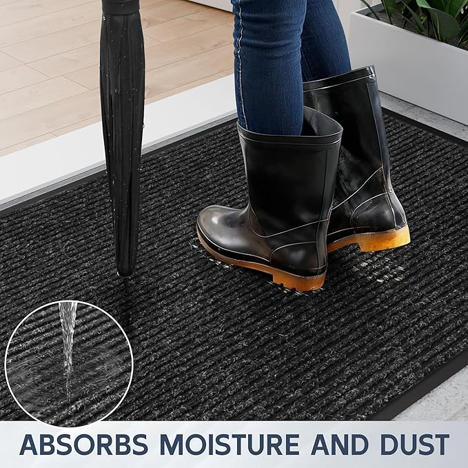 Front Door Mat, 48" x 36" Heavy Duty Indoor Outdoor Doormat, Non-Slip Welcome Mats for Entryway, Rubber Backing Low Profile Commercial Door Mats, Black Stripe