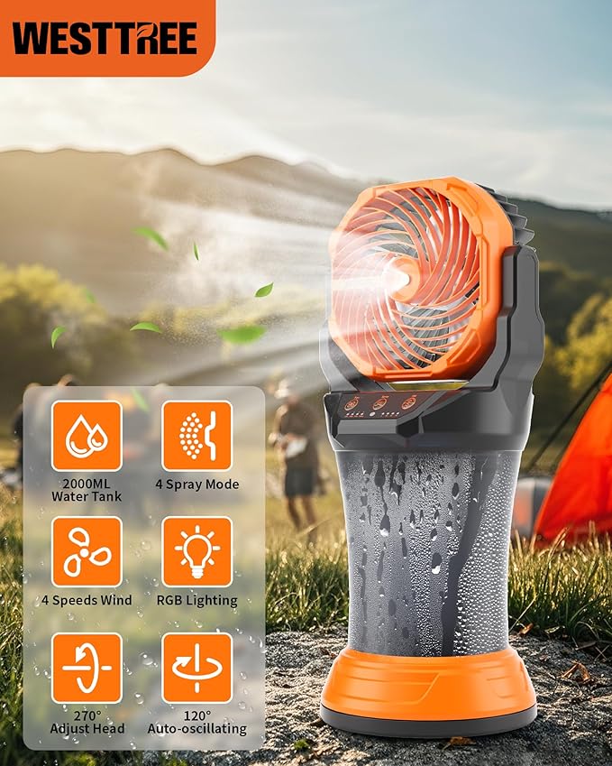 WESTTREE Portable Misting Fan with Large Battery Fan-Rechargeable Outdoor Misting Cooling Fans with 2L Water Tank,RGB Lights,4 Speeds & Spray Modes-for Patio, Camping, Beach, Workshop (X65 Orange)