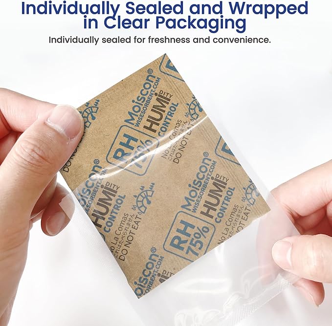 Wisesorb 75% RH 8 Gram Two-Way Humidity Control Packs for Storing Up to 5 Items, 15 Pack Size 8 Moisture Control Packets Individually Wrapped for Small Non-Plastic Travel Cases