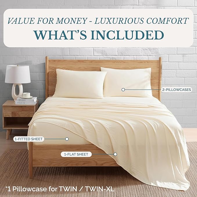 Casa Platino Twin XL Size Bed Set, 3 Piece Set (Flat, Fitted and 1 Pillowcase) – Pre-Washed Soft Brushed Microfiber – Fade Resistant Twin XL Sheet Set with Deep Pockets – Ivory
