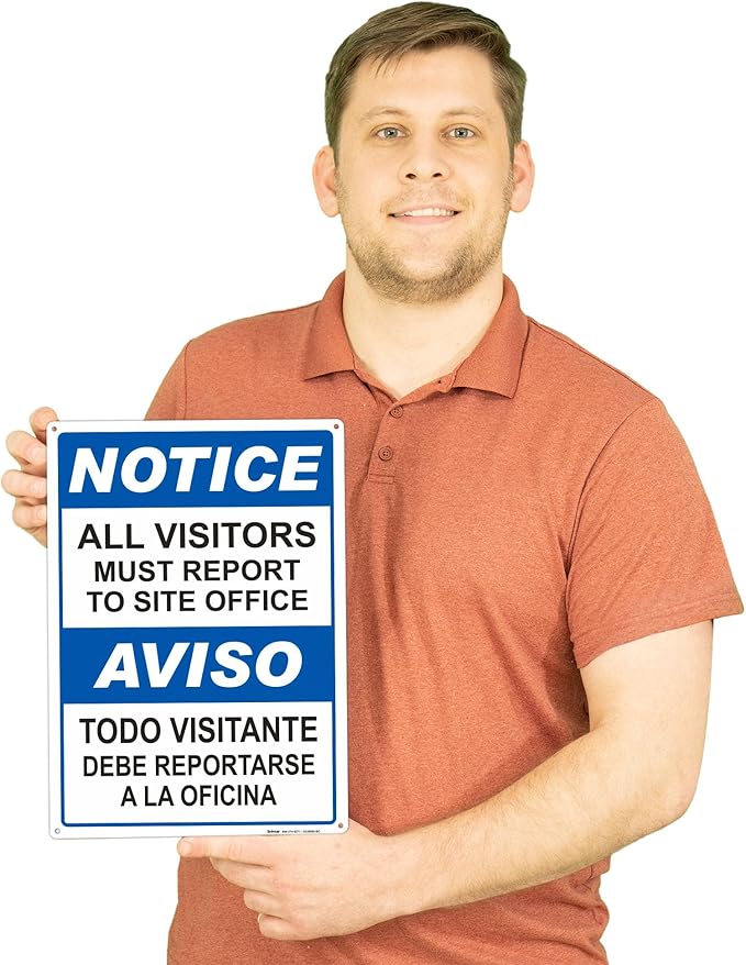 Brimar - 10" x 14" - Bilingual All Visitors Report Site Office Sign - .055″ Polyethylene Plastic - Bold Text And Symbol - Easy Installation