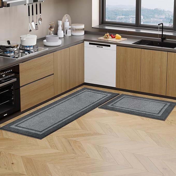 Kitchen Rugs 24" x 36", Non-Slip Machine Washable Kitchen Runner Rugs Floor Mats, Absorbent Comfort Standing Mats for Kitchen, Sink, Laundry and Hallway, Light Grey & Dark Grey