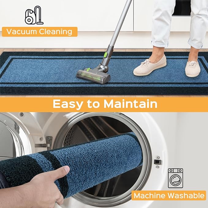 Kitchen Rugs 24" x 70", Non-Slip Machine Washable Kitchen Runner Rugs Floor Mats, Absorbent Comfort Standing Mats for Kitchen, Sink, Laundry and Hallway, Rolled Packaging, Light Blue & Navy