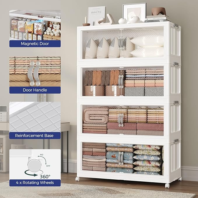 480QT Plastic Stackable Storage Bins with Lid, 120GAL Extra Large Collapsible Box with Wheels Clear Door, Foldable Closet Organizer Container Cabinet Drawer for Home Kitchen，3Pack, White