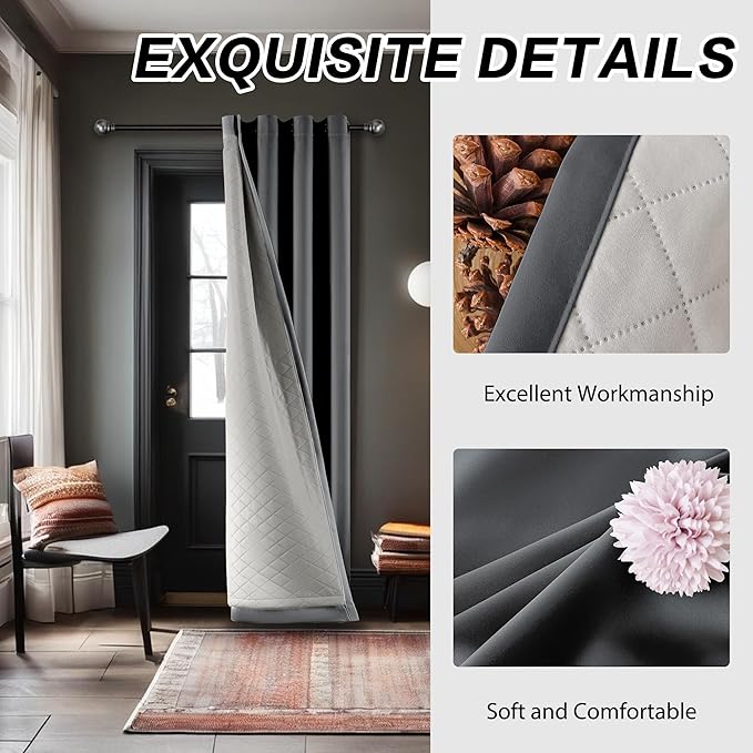 3 Layers Heavy Thermal 100% Blackout Curtains 84 Inch Length Heavy Soundproof Curtains for Bedroom 1 Panel 50x84 Grey