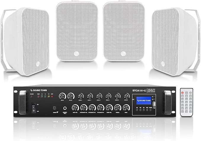 Sound Town Commercial Restaurant Bluetooth Amplifier + Surface-Mount Speaker Set, with One 6-Zone 70V/100V Amplifier with Bluetooth, 4 x 6.5-Inch Surface-Mount Speakers, White (STCA180X4MS6W)
