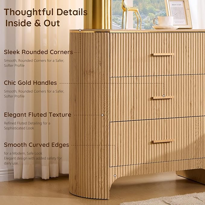 Fluted 3 Drawers Nightstand with Charging Station,31.7" W Bedside Table with Curved Profile Design,End Table Storage with USB Ports for Bedroom,Living Room,Gold Metal Handle,Natural Oak