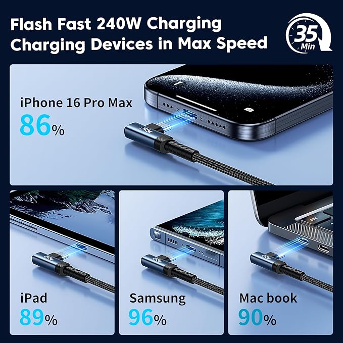 USB C Cable [2Pack, 3.3ft] 240W Fast Charging Type C Cord, Nylon Braided USB 2.0 Cable for iPhone 17 16 15 Pro Plus Pro Max Air, iPad Pro, Samsung Galaxy S24 S23, Switch, MacBook Pro, Pixel-Blue