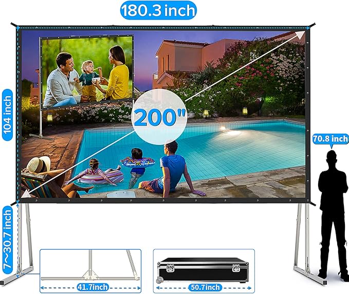 JWSIT 200 inch Projector Screen with Stand,Upgraded 3 Layers PVC 16:9 Large Outdoor Projector Screen,Portable Outdoor Movie Screen with Carrying Bag for Large Commercial Performance