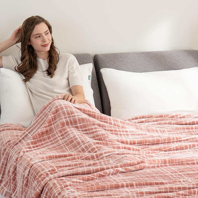 Berkshire Blanket-Classic Heavyweight Warm Soft Printed VelvetLoft® Plush Blanket, King Size Soft Fuzzy Blanket for Couch Sofa Bed, Watercolor Plaid Blush, 90in x 108in