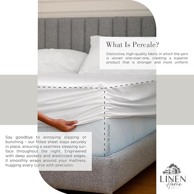Linen Home 100% Cotton Percale Sheets King Size, White, Deep Pocket, 4 Pieces Set - 1 Flat, 1 Deep Pocket Fitted Sheet and 2 Pillowcases, Crisp Cool and Strong Bed Linen