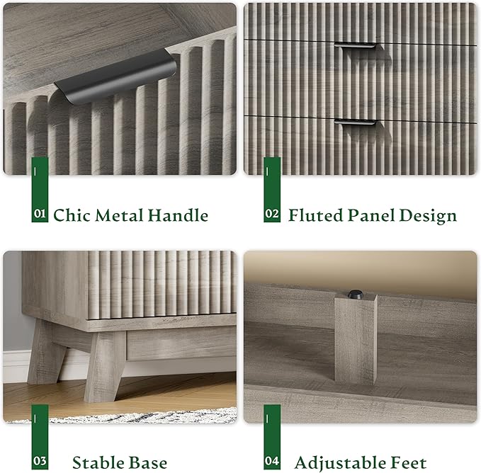 Fluted Dresser with 9 Drawers, 63" Wide Wood Chest of Drawers with Metal Handle, Wooden Dresser TV Stand, Modern Closet Clothes Storage Organizer for Bedroom, Living Room, Hallway, Light Grey