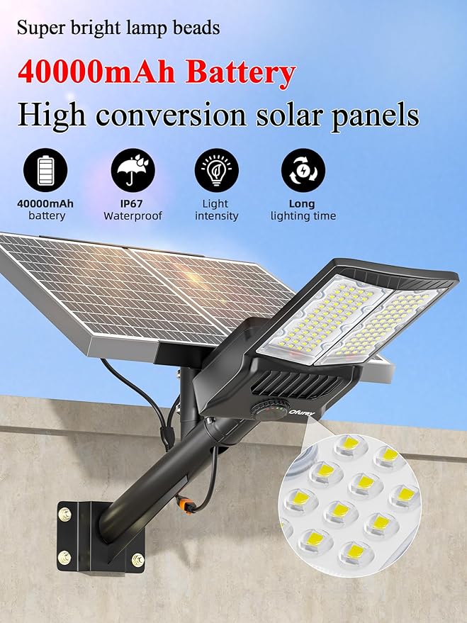 Ofuray OL-9600W Solar Street Lights Outdoor,Parking Lot Lights Commercial Dusk to Dawn up to 520,000Lm,40,000mah Big Power Solar Security Flood Remote Control with Motion Sensor for Street,Yark