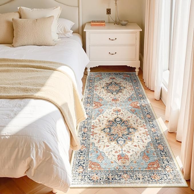 Area Rugs 3'x6' Washable Non-Slip, Floral Vintage Distress Print Pattern Medallion Carpet for Living Room Bedroom Dining Room, Beige Navy Blue Orange Colorful