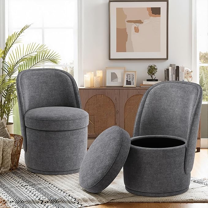 Swivel Accent Chair, 360° Swivel Chair with Hidden Storage, Vanity Chairs, Modern Small Barrel Swivel Armchair for Living Room/Bedroom, Darkgrey