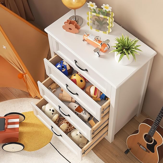 Gizoon Dresser for Bedroom with 4 Drawers Wooden Chest of Drawers for Closet Dresser Storage Unit Organizer for Hallway Living Room and Office, White