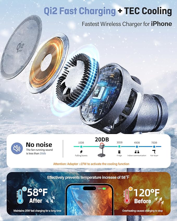 Augnner 3 in 1 Wireless Charging Station, Qi2.2 25W Certified Fast Magnetic Charger, Mag-Safe Wireless Charger Stand with TEC Active Cooling, for iPhone17/16/15/14/13/12, Apple Watch/AirPods