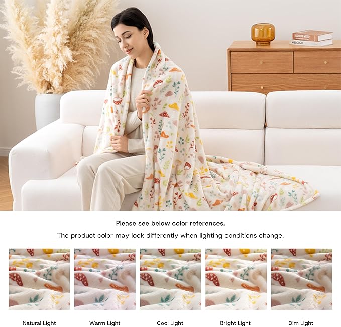 Luxury Printed Fleece Warm Blanket, Soft Lightweight Velvety Plush Throw for Couch and Bed, Cozy Comfy for All Seasons(Cream Various Mushrooms, 108×90 Inches)