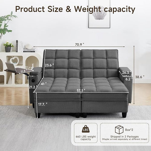 70.9" Chaise Lounge Chair Indoor, Oversized Boucle Upholstered Sofa Bed, Adjustable Backrest Deep Seat Reading Chair, Sofas Couches for Living Room with Storage, Cup Holders & 360° Swivel Side Table