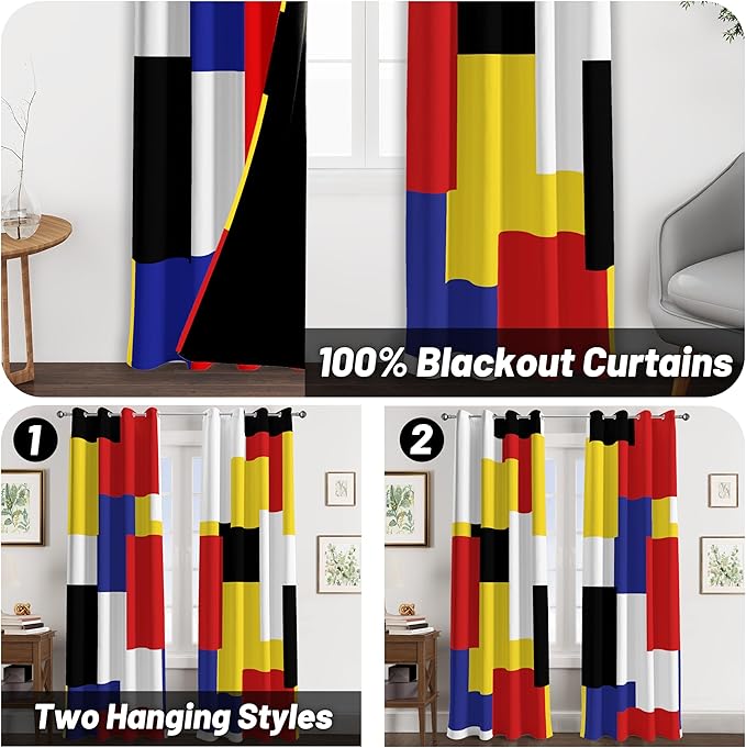 Colorful 100% Blackout Curtains for Bedroom 96 inch Long 2 Panels Set Red Yellow Modern Abstract Geometric Black Out Curtains Insulated Room Darkening Window Drapes for Living Room, 52Wx96L