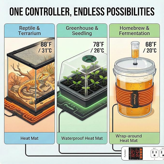Pymeter 2 in 1 Digital Temperature Controller Dual Outlet Heat Mat Thermostat Reptile Greenhouse Heater Home Brewing Freezer Cooling Heating Pad Control 16A 1920W