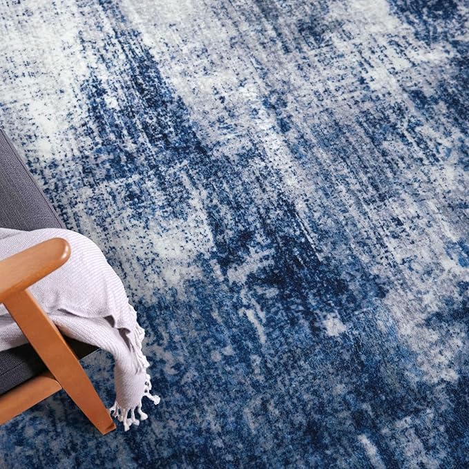 IOHOUZE Round Area Rug 3 Ft Circle Entryway Rugs Round Washable Door Mat Indoor Entrance, Non Slip Circle Front Door Rug, Printed Abstract Faux Wool Floor Carpet for Foyer Porch Sink, Navy/Grey