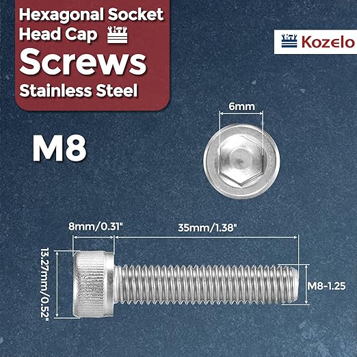 Kozelo 20pcs Socket Head Cap Screws - [M8-1.25 x 35mm] 304 Stainless Steel Allen Socket Drive for Electrical Motor 3D Printing Fan Engine Replacement Use, Silver