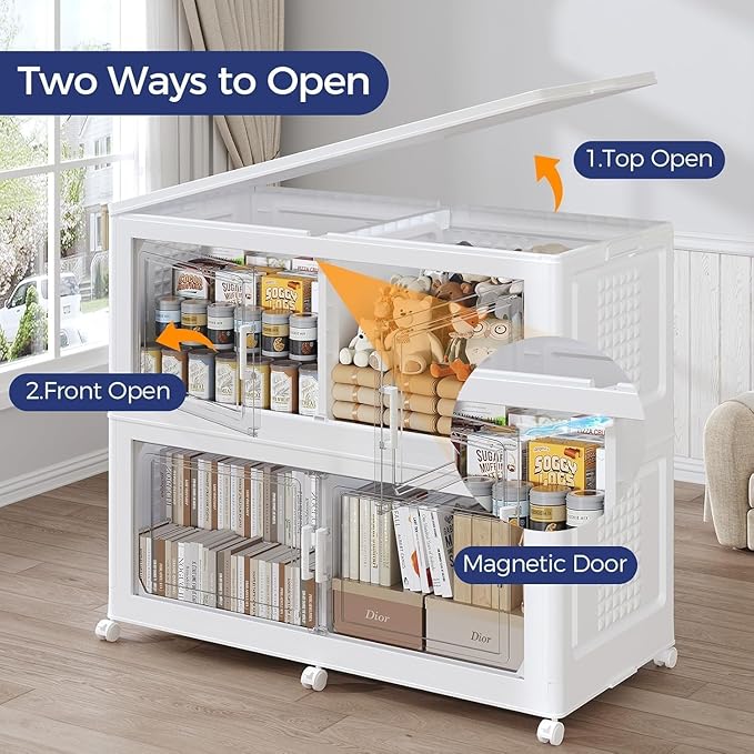 600 QT Extra Large Stackable Storage Bins with Lid, 150 Gal Collapsible Storage Box with Wheels, Folding Closet Organizers and Storage Cabinet with Doors for Home, Kitchen, Office, 3Pack White
