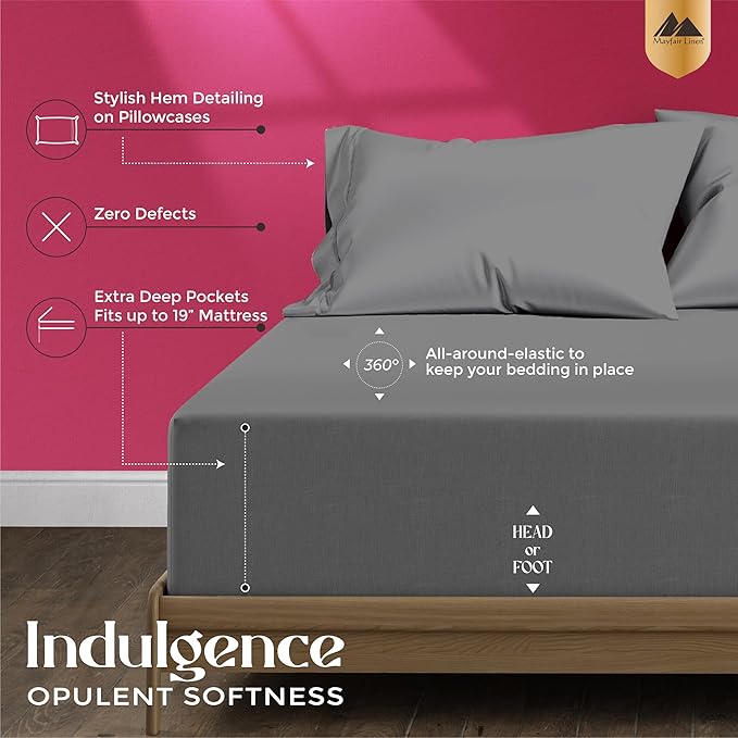 Mayfair Linen 100% Egyptian Cotton Sheets California King Size - 1200 Thread Count 4 PC Cal King Sheets Egyptian Cotton, Cooling Sateen Sheet, High Thread Count Sheet California King - Dark Grey