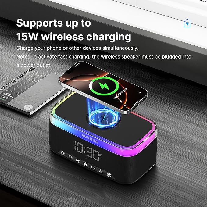 AUVODA S300 Portable Bluetooth Speaker with 15W Fast Wireless Charging, 13-Color Dimmable Night Light, White Noise, Alarm, FM Radio, 16W Stereo, BT5.3, TWS, for Home, Office, Bedroom (Black)